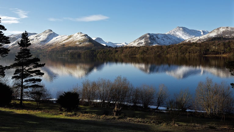 View over Derwent Water towards Cat Bells from Derwent Island House on a clear winter's day